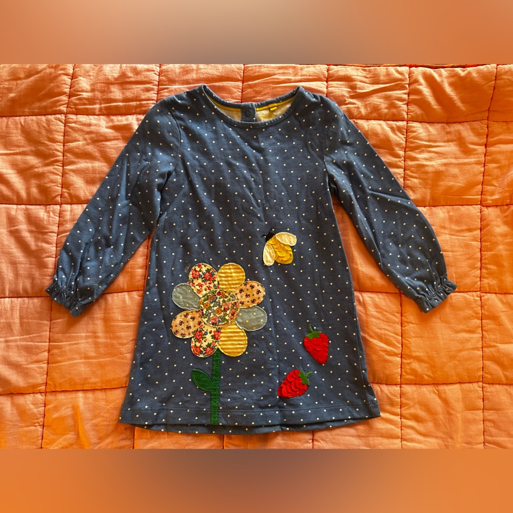 Mini Boden Navy Polka Dot Dress with Floral and Strawberry Appliques